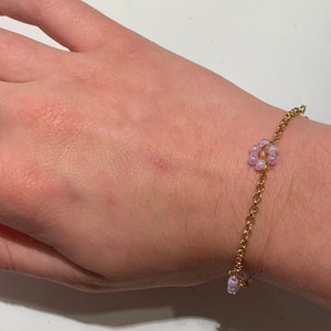 Affordable Gold Chain Beaded Bracelet with Purple Flower, Handmade Floral Jewelry, High-Quality and Unique