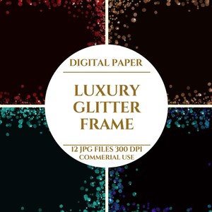 Può includere: Carta digitale con quattro cornici glitterate in rosso, oro, verde acqua e blu. Le cornici hanno uno sfondo scuro con accenti glitterati. Il centro dell'immagine presenta un cerchio bianco con il testo "LUXURY GLITTER FRAME".
