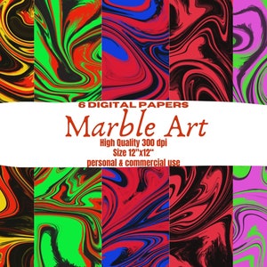 Peut inclure: Six papiers numériques présentant un art abstrait marbré dans des couleurs vives, notamment le rouge, le bleu, le vert, le noir, le jaune et le rose. Les papiers mesurent 30,48 cm sur 30,48 cm et ont une résolution de 300 dpi.