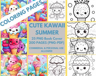 200 Kawaii zomerontwerpen voor kleurplezier, schattig Kawaii zomerkleurboek - 200 pagina's met 25 omslag
