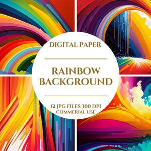 Peut inclure: Un ensemble de papiers numériques avec quatre arrière-plans sur le thème de l'arc-en-ciel. Les images présentent des motifs abstraits aux couleurs vives, notamment le rouge, l'orange, le jaune, le vert, le bleu et le violet. Le texte sur l'image indique "DIGITAL PAPER RAINBOW BACKGROUND 12 JPG FILES 300 DPI COMMERCIAL USE."
