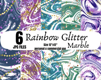 Rainbow Glitter Marble Digital Papers, Colorful rainbow marble with glitter accents, Vibrant marble rainbow designs, Digital Download