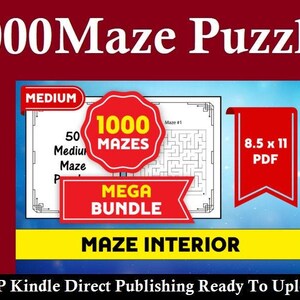 Può includere: Immagine promozionale per "1000 Maze Puzzles". Presenta un "Mega Bundle" con 1000 labirinti e 50 labirinti medi. Il PDF è di 8,5 x 11 pollici (circa 21,6 x 27,9 cm). Pronto per la pubblicazione KDP.