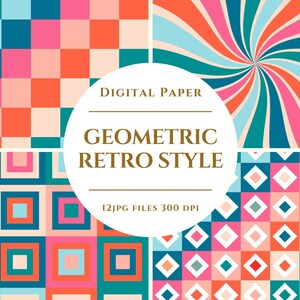 Peut inclure: Un ensemble de papiers numériques présentant quatre motifs géométriques de style rétro. Les motifs comprennent un damier, une spirale, des carrés dans des carrés et des losanges. La palette de couleurs comprend du teal, du rose, de l'orange et de la crème.