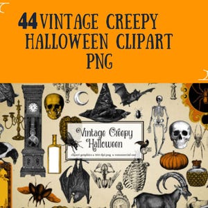 44 Vintage Creepy Halloween Clipart, Antique Halloween, Gothic Clip Art, Retro Halloween Graphics Skeleton Skulls, Instant Download