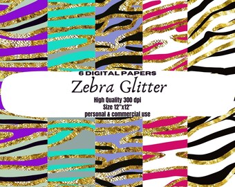 Zebra Glitter Digital Papers, Zebra Glitter Elegance print digital backgrounds, Shiny Zebra Glitter Paper, Zebra Prints Digital Download