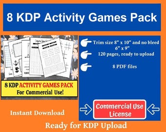 May include: A pack of 8 KDP activity games. The pack includes printable pages with various games. The trim size is 8" x 10" and 6" x 9". The pack includes 120 pages and 8 PDF files. The product is ready for KDP upload and has a commercial use license.