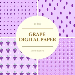 Peut inclure: Ensemble de papiers numériques avec quatre motifs violets : pois, grappes de raisin et motifs floraux. Le texte "GRAPE DIGITAL PAPER" est affiché dans un cercle. La résolution de l'image est de 3600x3600px.