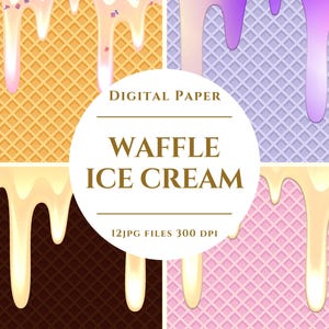 Peut inclure: Papier numérique présentant quatre motifs de gaufres et de crème glacée. L'image comprend une texture de gaufre en jaune, violet, rose et marron, avec de la crème glacée dégoulinante de différentes couleurs. Le texte "WAFFLE ICE CREAM" est au centre.