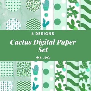 Peut inclure: Un ensemble de papiers numériques avec six motifs sur le thème des cactus. Les motifs comprennent des pois, des rayures et des illustrations de cactus en vert et blanc. Le texte "Cactus Digital Paper Set" est affiché sur un fond vert.