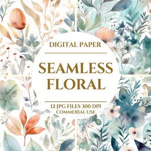 Peut inclure: Ensemble de papiers numériques avec des motifs floraux sans couture de style aquarelle. L'image présente des motifs botaniques aux teintes douces de pêche, de sarcelle et de beige. Le texte indique "DIGITAL PAPER SEAMLESS FLORAL" et "12 JPG FILES 300 DPI COMMERCIAL USE."
