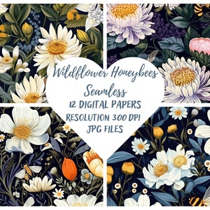 Peut inclure: Quatre motifs numériques sans couture avec des motifs floraux et d'abeilles. Les motifs présentent des fleurs blanches, jaunes et oranges avec un feuillage vert sur un fond bleu foncé. Le texte "Wildflower Honeybees Seamless" est visible.