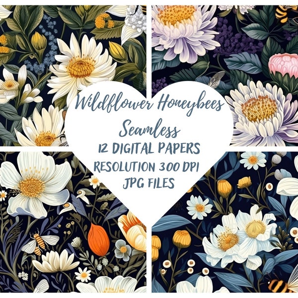 Wildflower Honeybees Seamless Digital paper, Blossoming Harmony, Embrace Wildflower Honeybees Seamless, Floral Elegance, Digital Download