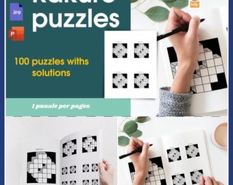 May include: A book titled "Kakuro puzzles" with 100 puzzles and solutions. The cover features the title in white text on a teal background, with sample puzzles. The image shows the book open, with a person using a pen to solve a puzzle.