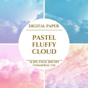 Peut inclure: Papier numérique présentant quatre panneaux de fonds de nuages ​​fluffy pastel. La palette de couleurs comprend des nuances de bleu, de rose et de violet. Le texte sur l'image indique "DIGITAL PAPER" et "PASTEL FLUFFY CLOUD".