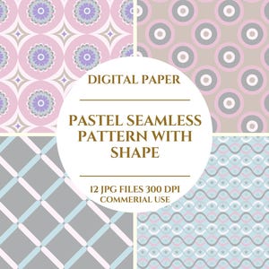 Peut inclure: Papier numérique avec quatre motifs pastel sans couture. Les motifs comprennent des motifs floraux, géométriques et ondulés en rose, gris, bleu et violet. Le texte indique "PASTEL SEAMLESS PATTERN WITH SHAPE".