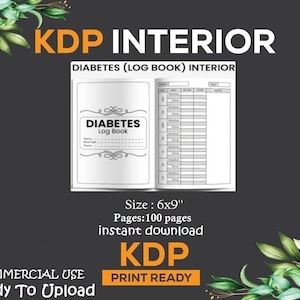 Peut inclure: Un livre de bord KDP Interior pour le diabète avec un intérieur blanc et une couverture noire. La couverture indique "DIABETES Log Book" avec un espace pour les informations personnelles. Le livre de bord mesure 15,24 x 22,86 cm et compte 100 pages.