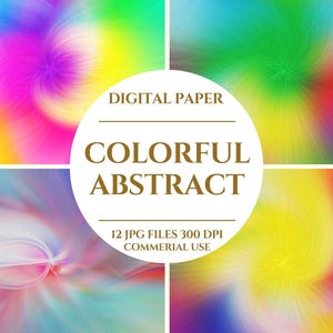 Peut inclure: Un design de papier numérique avec quatre sections d'art abstrait tourbillonnant coloré dans les tons de rose, vert, bleu et jaune. Un cercle blanc central affiche le texte "DIGITAL PAPER" et "COLORFUL ABSTRACT". L'image comprend des détails sur le type de fichier et l'utilisation commerciale.