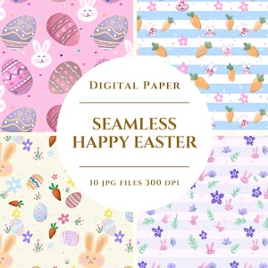 Peut inclure: Quatre motifs de papier numérique sans couture sur le thème de Pâques. Les motifs présentent des œufs de Pâques, des lapins, des carottes et des fleurs aux couleurs pastel. Le texte "DIGITAL PAPER" et "SEAMLESS HAPPY EASTER" est affiché.