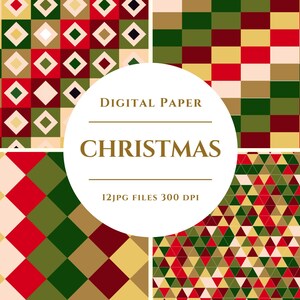 Peut inclure: Un ensemble de papiers numériques avec quatre motifs sur le thème de Noël. Les motifs comprennent des formes géométriques en rouge, vert, or et noir. L'image contient également le texte "DIGITAL PAPER CHRISTMAS 12 JPG FILES 300 DPI."