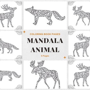 Peut inclure: Cinq pages à colorier en noir et blanc représentant des animaux aux motifs de mandalas complexes. Les animaux comprennent un élan, un loup et un cerf. Le titre du livre de coloriage est "Mandala Animal" et le texte "5 Pages" est situé sous le titre.