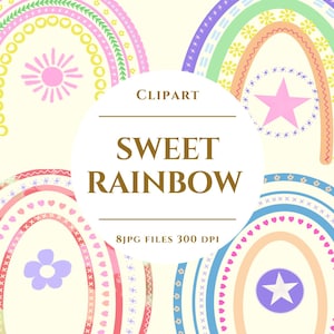 Sweet Rainbow Clipart, cute rainbow clip art, baby clipart, natural color, pastel, sun, rain, Colorful Illustration, Digital Download