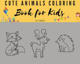 May include: A coloring book for kids with the title "CUTE ANIMALS COLORING Book for Kids" in black text on a yellow background. The book features line drawings of a fox, a deer, and a hedgehog. The book has 32 pages.