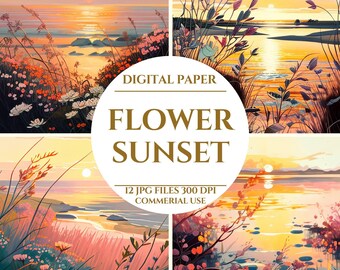 Flower Sunset Digital Paper, Sunset Blooms Flower Sunset Digital Paper Collection, Flower Sunset, Golden Hour Petals, Digital Download