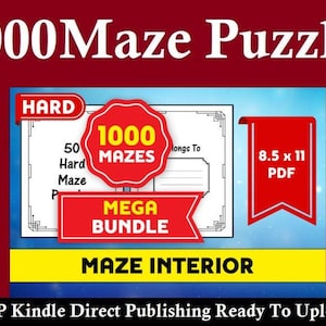 Può includere: Una copertina di prodotto digitale con il testo "1000 Maze Puzzles" in bianco. La copertina include uno striscione rosso con la scritta "MEGA BUNDLE" e un badge rosso con la scritta "1000 MAZES". Il prodotto è 21,59 cm x 27,94 cm PDF. Sono visibili anche le parole "MAZE INTERIOR".