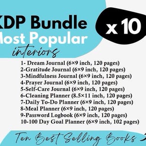 May include: A teal and white graphic promoting a KDP bundle of ten popular interior journals. The journals include a Dream Journal, Gratitude Journal, and a 100-Day Goal Planner, all with page counts and dimensions in inches.