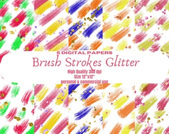 Brush Strokes Glitter Digital Papers, Shimmering Brush Stroke Patterns, Glittering Brushstroke Backgrounds, Digital Art, Digital Download