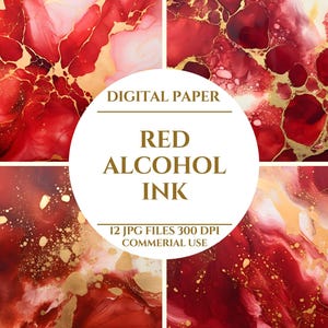 Può includere: Un set di carta digitale con quattro pannelli di design a inchiostro alcolico rosso con accenti dorati. Il testo al centro recita "DIGITAL PAPER RED ALCOHOL INK" e include dettagli sul formato del file e sull'uso commerciale.