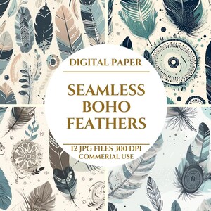 Peut inclure: Papier numérique avec des motifs de plumes bohèmes sans couture dans des tons de bleu, gris et beige. L'image présente divers motifs de plumes et éléments décoratifs. Le texte indique "Seamless Boho Feathers" et "12 JPG Files 300 DPI Commercial Use."