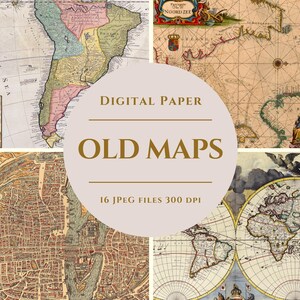 Peut inclure: Un collage de cartes anciennes sur fond beige. Les cartes présentent diverses régions et continents, avec des illustrations et du texte détaillés. Le texte "DIGITAL PAPER OLD MAPS" est affiché dans un design circulaire, avec "16 JPEG FILES 300 DPI".