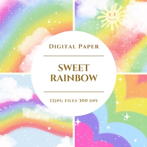 Peut inclure: Ensemble de papiers numériques avec quatre motifs d'arc-en-ciel colorés, des nuages et des étoiles. Le texte central indique "Sweet Rainbow", avec "Digital Paper" au-dessus et "12 JPG Files 300 DPI" en dessous.