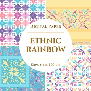 Peut inclure: Ensemble de papiers numériques avec quatre motifs ethniques arc-en-ciel. Les motifs présentent des motifs floraux et géométriques dans des tons de rose, de violet, de bleu et de jaune. Le texte "ETHNIC RAINBOW" est affiché au centre.