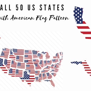 Peut inclure: Graphique blanc représentant les États-Unis, chaque État étant rempli d'un motif de drapeau américain. Le texte en haut indique "ALL 50 US STATES with American Flag Pattern."