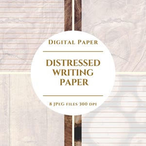 Peut inclure: Papier numérique avec un design de papier à écrire vieilli. L'image présente un graphique circulaire avec le texte "Digital Paper" et "Distressed Writing Paper". L'arrière-plan montre diverses textures, dont du grain de bois et du papier ligné.