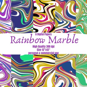 Peut inclure: Six papiers numériques avec un motif marbré arc-en-ciel. Les papiers mesurent 30,5 cm x 30,5 cm et 300 dpi. Ils sont destinés à un usage personnel et commercial.