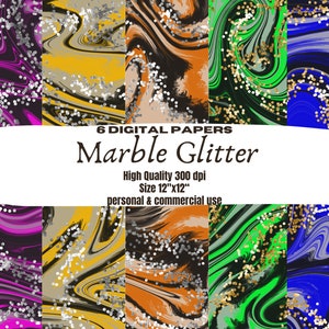 Peut inclure: Six papiers numériques avec un motif marbré et pailleté. Les papiers sont disponibles dans une variété de couleurs, notamment le violet, le jaune, l'orange, le vert et le bleu. Chaque papier mesure 30,48 cm sur 30,48 cm et a une résolution de 300 dpi.