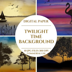 Peut inclure: Ensemble de papiers numériques avec quatre peintures de paysages crépusculaires. Chaque peinture représente une scène de coucher ou de lever de soleil avec des silhouettes de voilier, d'oiseaux, d'un flamant rose et d'arbres. Le texte indique "Twilight Time Background."