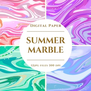 Peut inclure: Un ensemble de papiers numériques avec quatre motifs de marbre abstraits dans les tons de rose, violet, bleu et vert. Les motifs ont un aspect tourbillonnant et fluide avec des accents blancs. Le texte "DIGITAL PAPER" et "SUMMER MARBLE" est affiché.