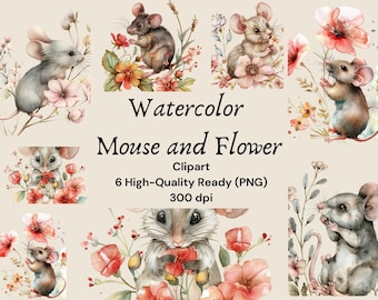 Watercolor Mouse and Flower Clipart, Cartoon mouse with flowers clipart, Mouse and flower scrapbooking, High Quality PNG, Digital Download