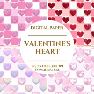 Peut inclure: Ensemble de papiers numériques avec des motifs de cœurs roses, rouges et pastel. Les motifs comprennent des fonds à paillettes, texturés et en damier. Le texte indique "VALENTINE'S HEART" et "12 JPG FILES 300 DPI COMMERCIAL USE."
