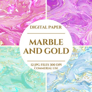 Peut inclure: Ensemble de papiers numériques avec quatre motifs marbrés en rose, violet, turquoise et bleu, avec des accents dorés. Le texte central indique "MARBRE ET OR" et inclut des informations sur le format et l'utilisation commerciale.