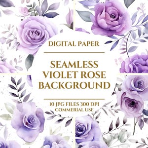 Op de afbeelding: Digitaal papier met een naadloze achtergrond van violette rozen. Het ontwerp bevat aquarel illustraties van paarse rozen, bladeren en bloemelementen. De tekst luidt "DIGITAL PAPER" en "SEAMLESS VIOLET ROSE BACKGROUND".