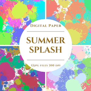 Peut inclure: Ensemble de papiers numériques avec des éclaboussures de peinture colorées en vert, rose, bleu, jaune et orange. Le texte "SUMMER SPLASH" est affiché dans un design circulaire. L'image comprend également le texte "DIGITAL PAPER" et "12 JPG FILES 300 DPI".