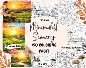Minimalist Scenery Coloring Pages for Adults, Peaceful Minimalist Scenery for Adults, Printable Adult Coloring book Boho Minimalist Scenery