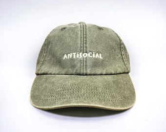 Antisocial Embroidered Cap || Vivian Flytrap || Washed Vintage Style Baseball Dad Cap