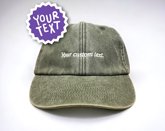 Aangepaste tekst geborduurde pet cursief serif-lettertype || Vivian Flytrap || Gepersonaliseerde op maat gemaakte tekst baseballpet in gewassen vintage stijl